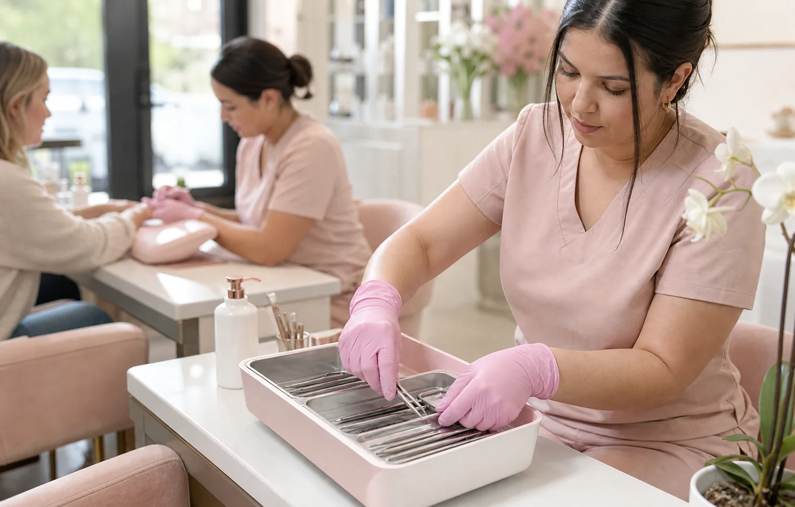 Clean nail care workspace and sanitized implements at Top Nails
